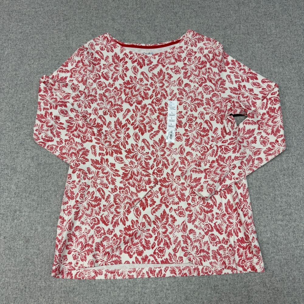Croft & Barrow Long Sleeve Tee Size L Red White Floral Crewneck Cotton New Tag